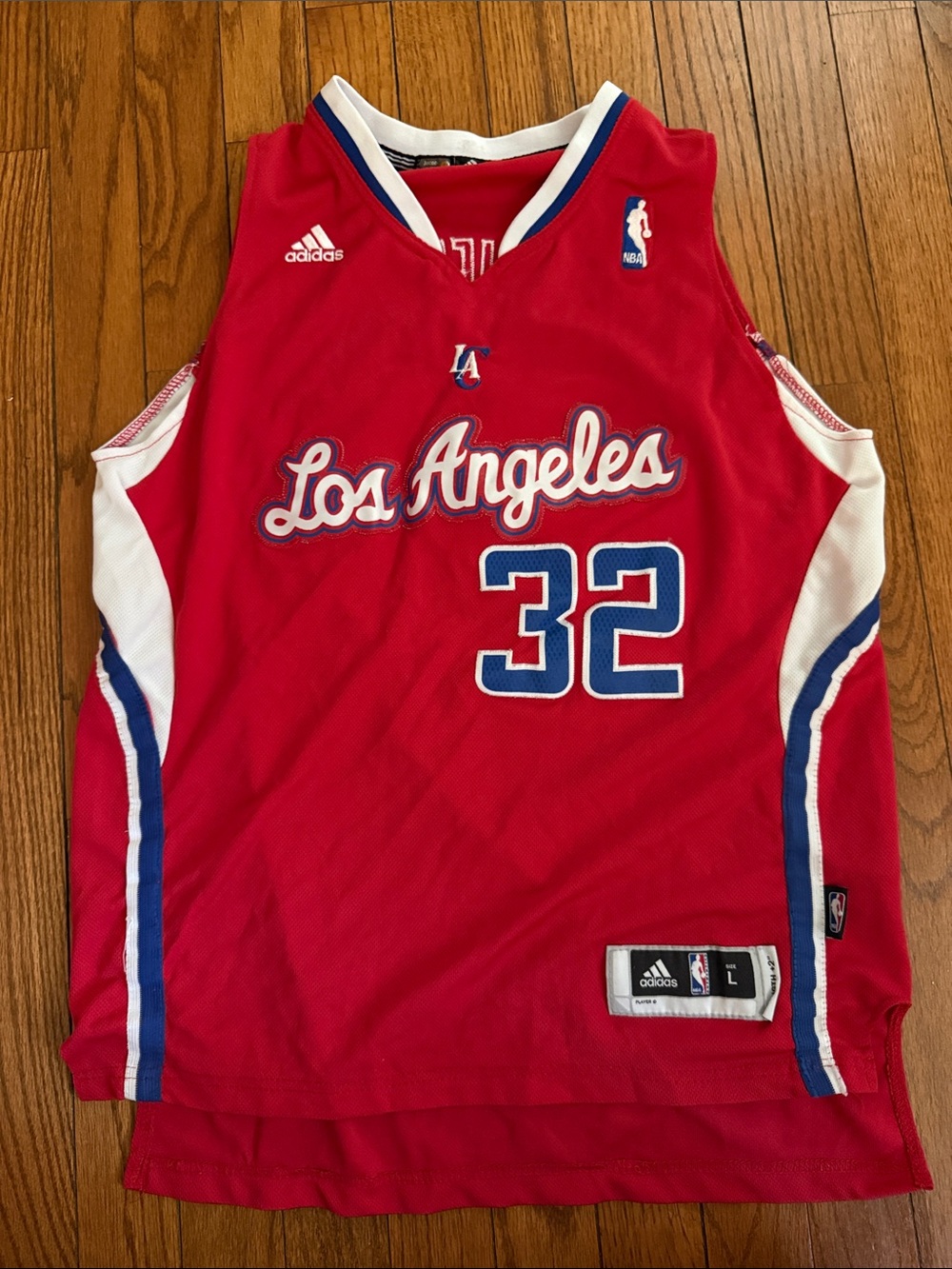 adidas Los Angeles Red Basketball Jersey with Blue and White Trim #32